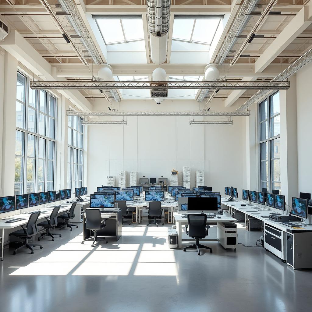 A giant studio space with multiple large windows letting in natural light, filled with 25 advanced desktop computers designed for high-end graphic design