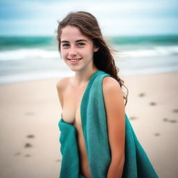 A high-resolution photograph captures an 18-year-old girl with brown hair on a sandy beach