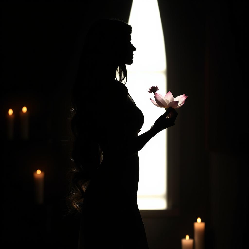 A silhouette of a beautiful and elegant woman with long, flowing black hair in soft waves