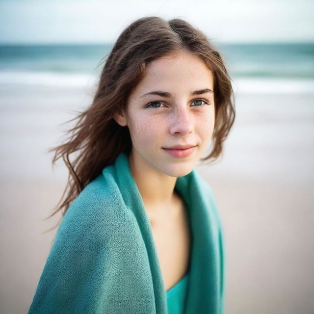 A high-resolution photograph captures an 18-year-old girl with brown hair on a sandy beach