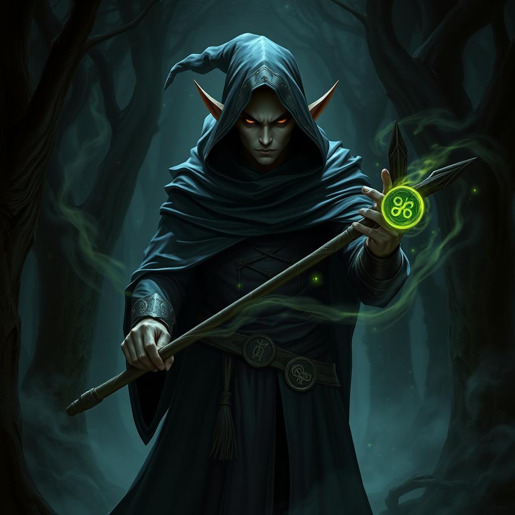 A dark elf wielding dark magic, holding a staff adorned with mystical symbols