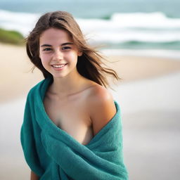 A high-resolution photograph captures an 18-year-old girl with brown hair on a sandy beach