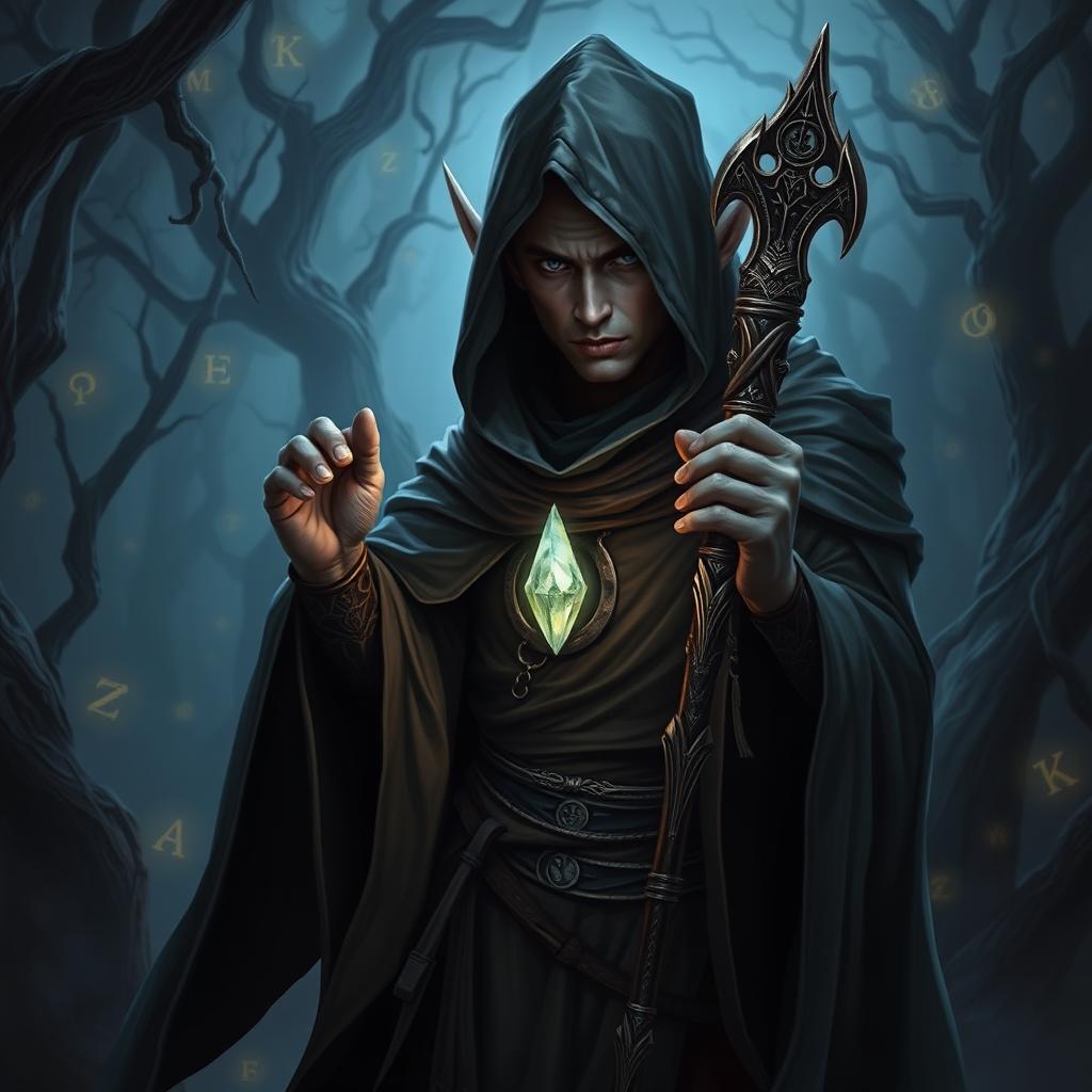 A dark elf wielding dark magic, holding a staff that radiates an eerie glow