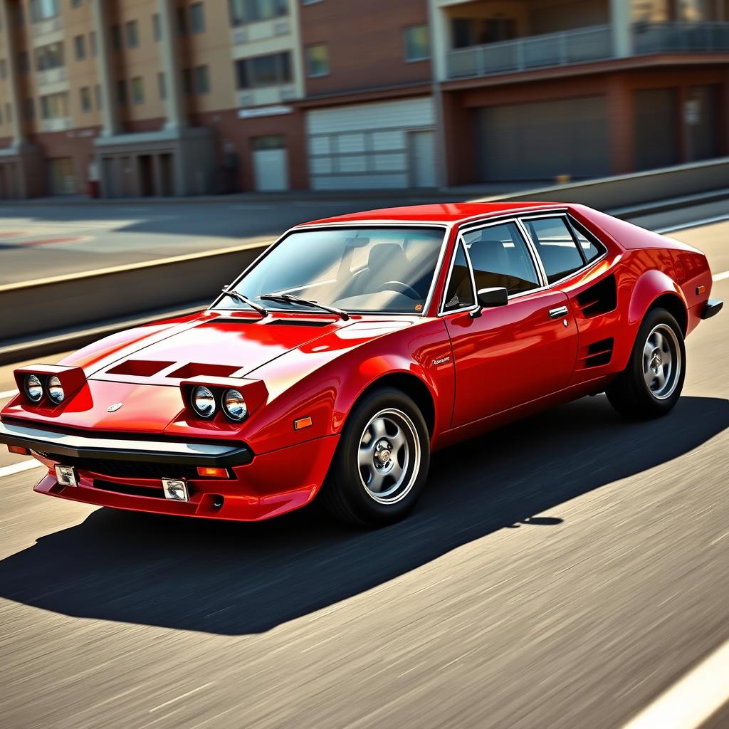A four-door saloon version of the iconic Lancia Stratos, featuring a sleek and streamlined body design with aerodynamic curves, distinctively modern yet maintaining classic automotive aesthetics