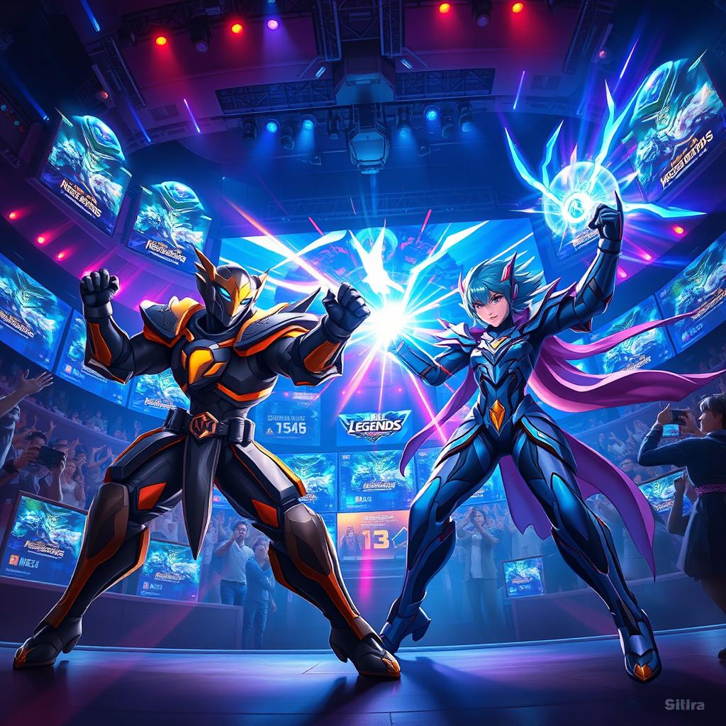An intense e-sports scene featuring characters from the popular game Mobile Legends