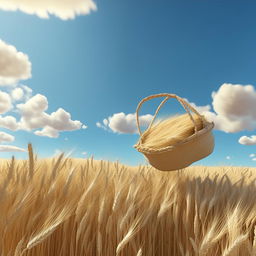 A golden wheat field under a clear blue sky filled with white fluffy clouds. A satchel of rice swings gently in the breeze. Rendered in animation style reminiscent of Hayao Miyazaki, 16K, high resolution.