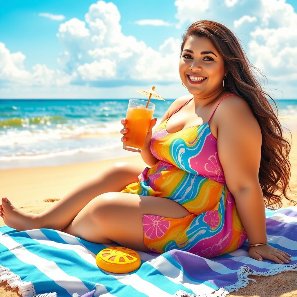 A chubby lady with a warm smile, wearing a vibrant summer dress, sitting on a sunny beach