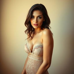 A slender 35-year-old brunette woman with large breasts, posed gracefully in stunning lingerie that features delicate lace and fashionable details