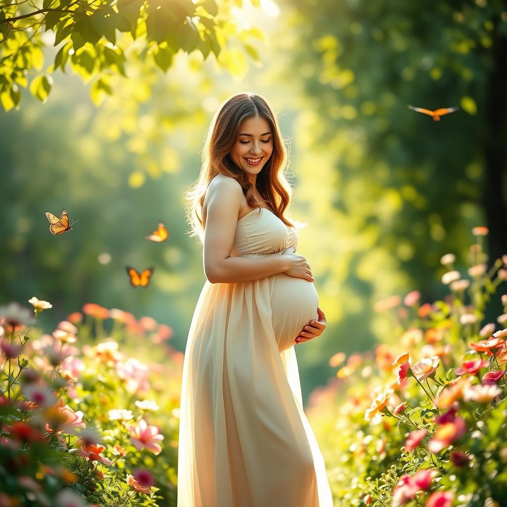 A serene scene featuring a pregnant woman with a gentle smile, standing gracefully in a sunlit garden full of blooming flowers