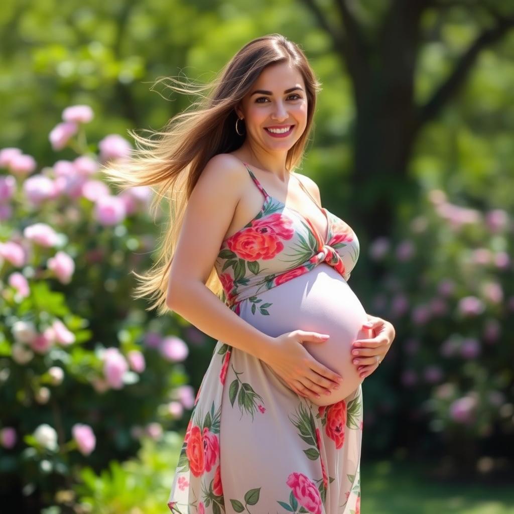 A pregnant woman with a prominent belly, showcasing her radiant beauty and glowing skin