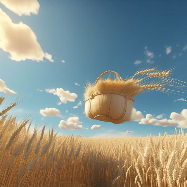 A golden wheat field under a clear blue sky filled with white fluffy clouds. A satchel of rice swings gently in the breeze. Rendered in animation style reminiscent of Hayao Miyazaki, 16K, high resolution.