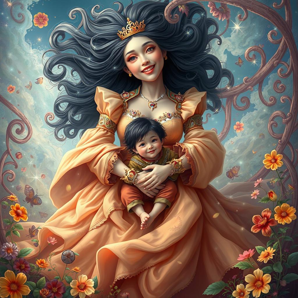 A surreal and imaginative scene depicting a giant woman enveloping a small boy in a whimsical, dreamlike environment