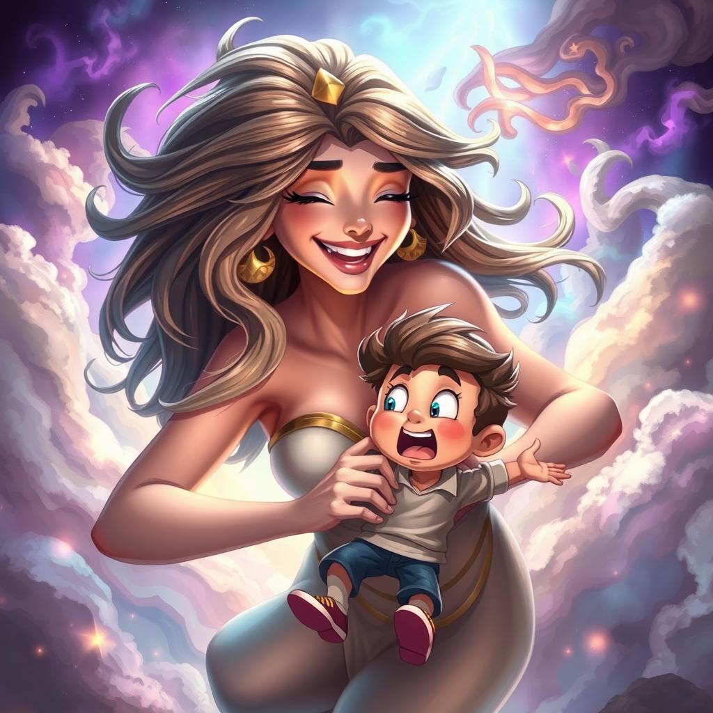 A dramatic and fantasy-themed scene depicting a powerful female figure, resembling a mythological goddess, playfully interacting with a small, animated character representing a young boy, giving an exaggerated and fantastical impression of being 'swallowed' in a comedic, cartoonish way