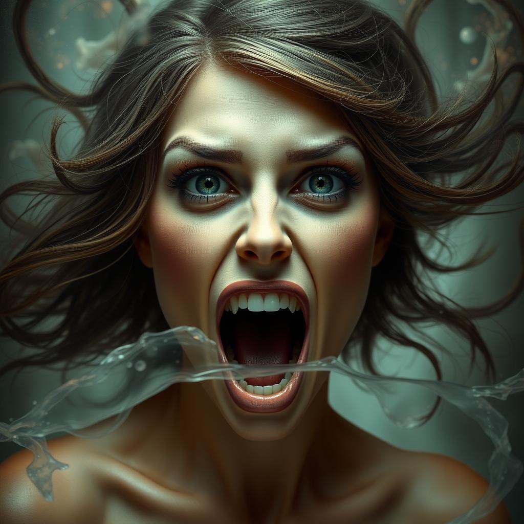 A surreal and striking image depicting a woman with exaggerated features, her mouth wide open, as if she is about to devour the scene in front of her