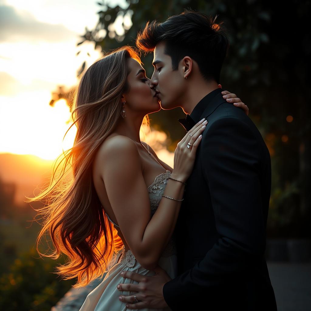 A dramatic and intense scene depicting a beautiful woman with long flowing hair and a confident expression, captivatingly engaged in a passionate kiss with a handsome young man