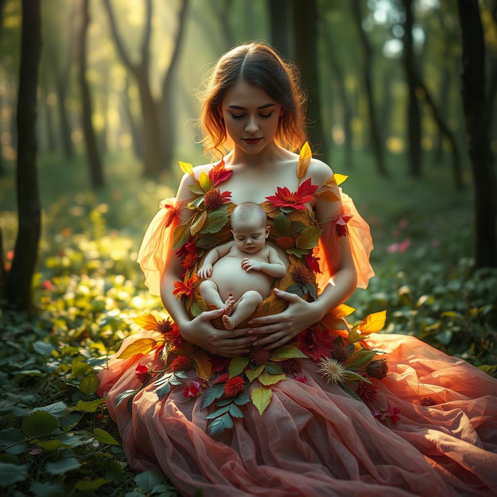 A surreal and imaginative scene depicting a woman with a mystical aura, serenely seated in a lush forest environment