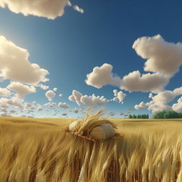 A golden wheat field under a clear blue sky filled with white fluffy clouds. A satchel of rice swings gently in the breeze. Rendered in animation style reminiscent of Hayao Miyazaki, 16K, high resolution.