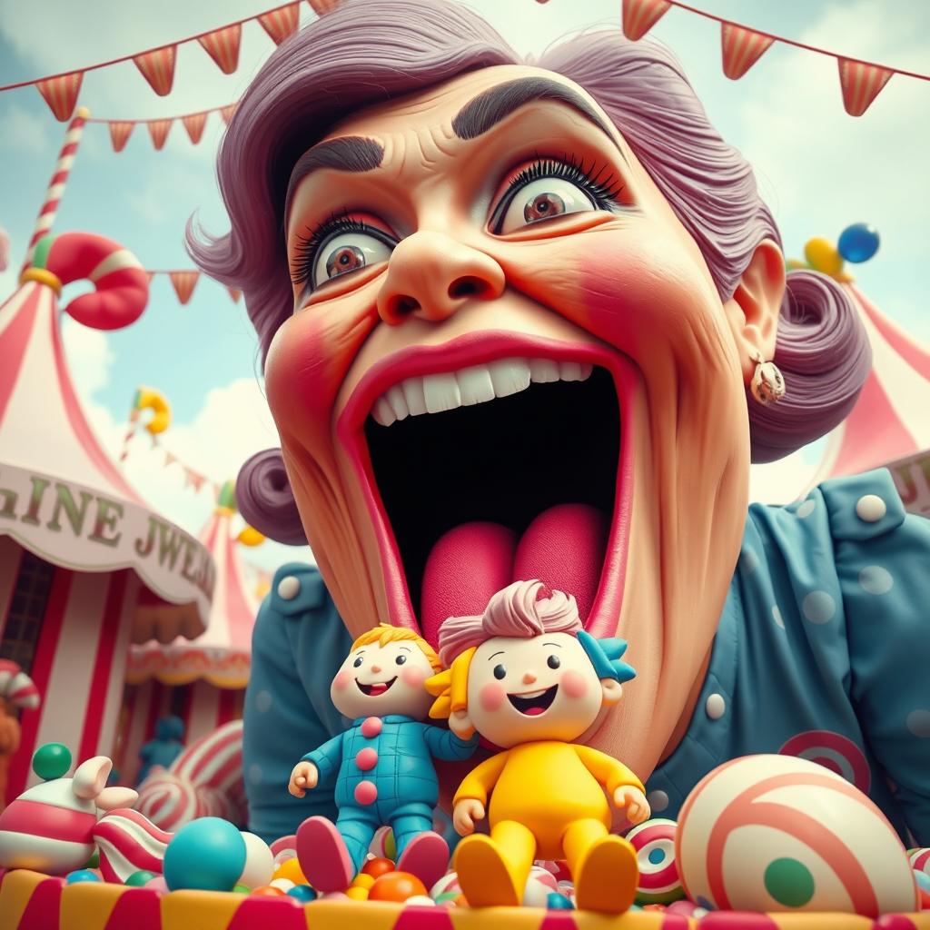 A surreal and fantastical scene featuring a colossal woman with an exaggeratedly large mouth, playfully pretending to eat a child figurine made of candy or bright colors