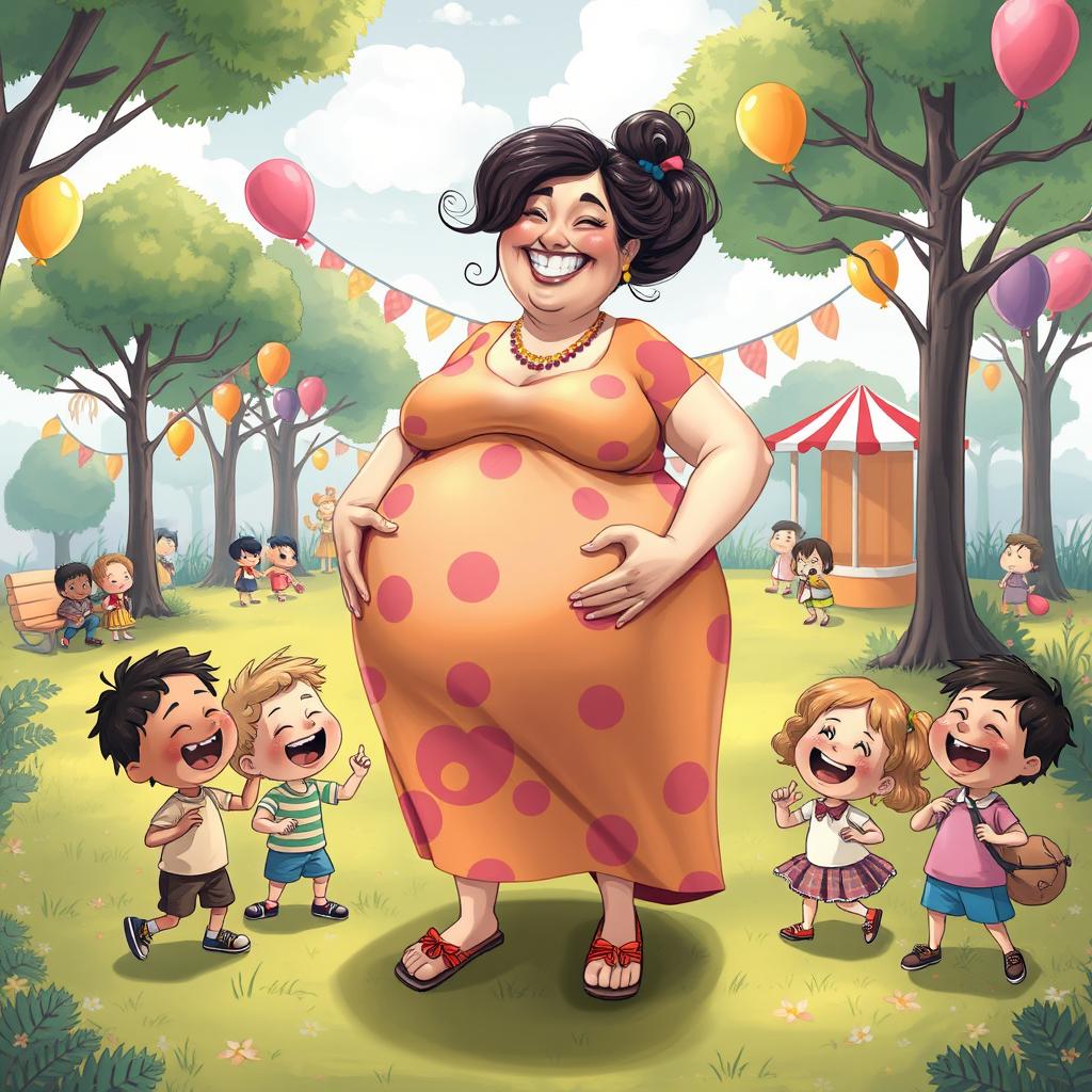 A whimsical and surreal illustration of a large, humorous woman with an exaggeratedly big belly, playfully surrounded by various cartoonish children who appear delighted and engaged in fun activities