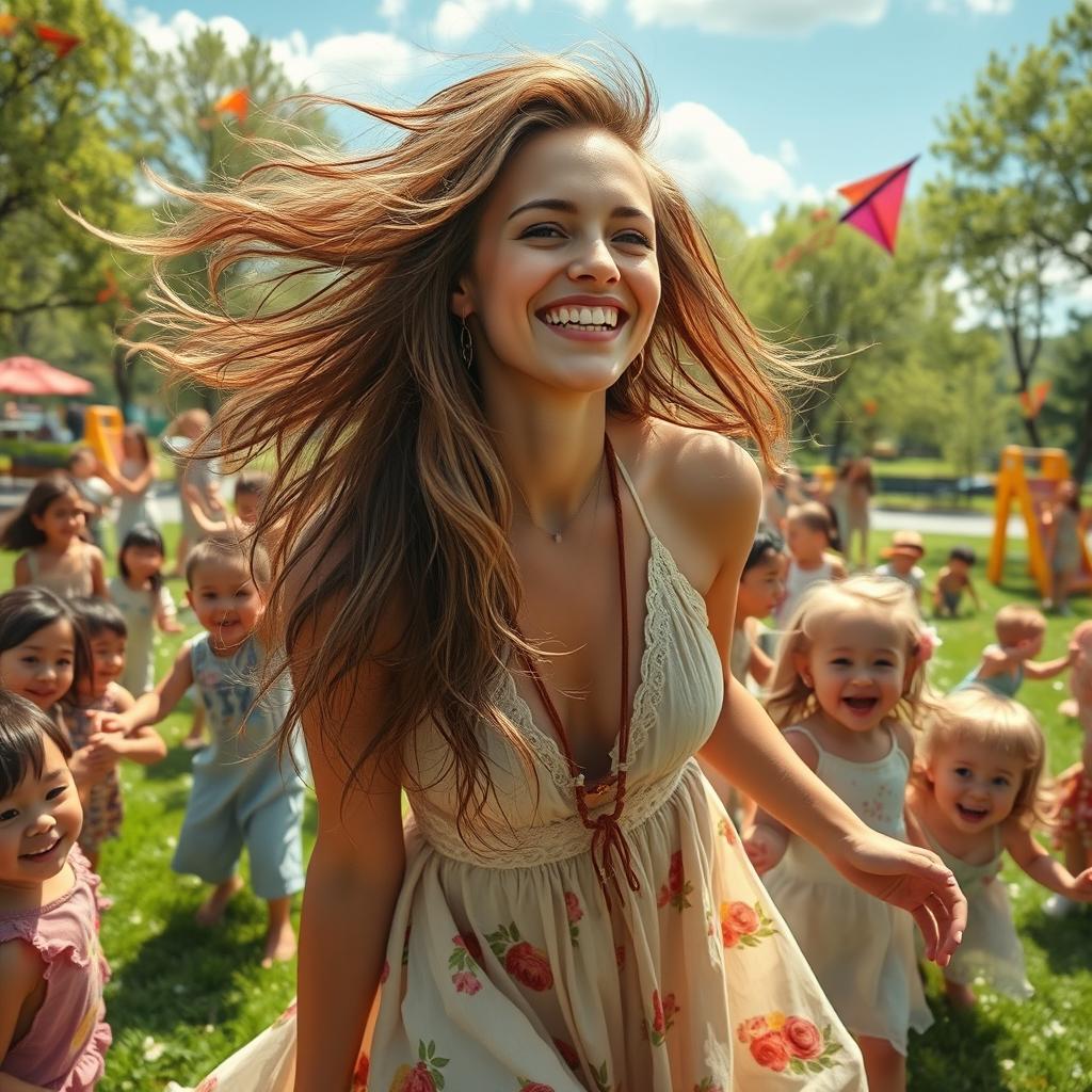 A stunningly detailed portrait of a woman with a mix of ethereal beauty and wild, untamed features, surrounded by an abundance of children playing joyfully around her
