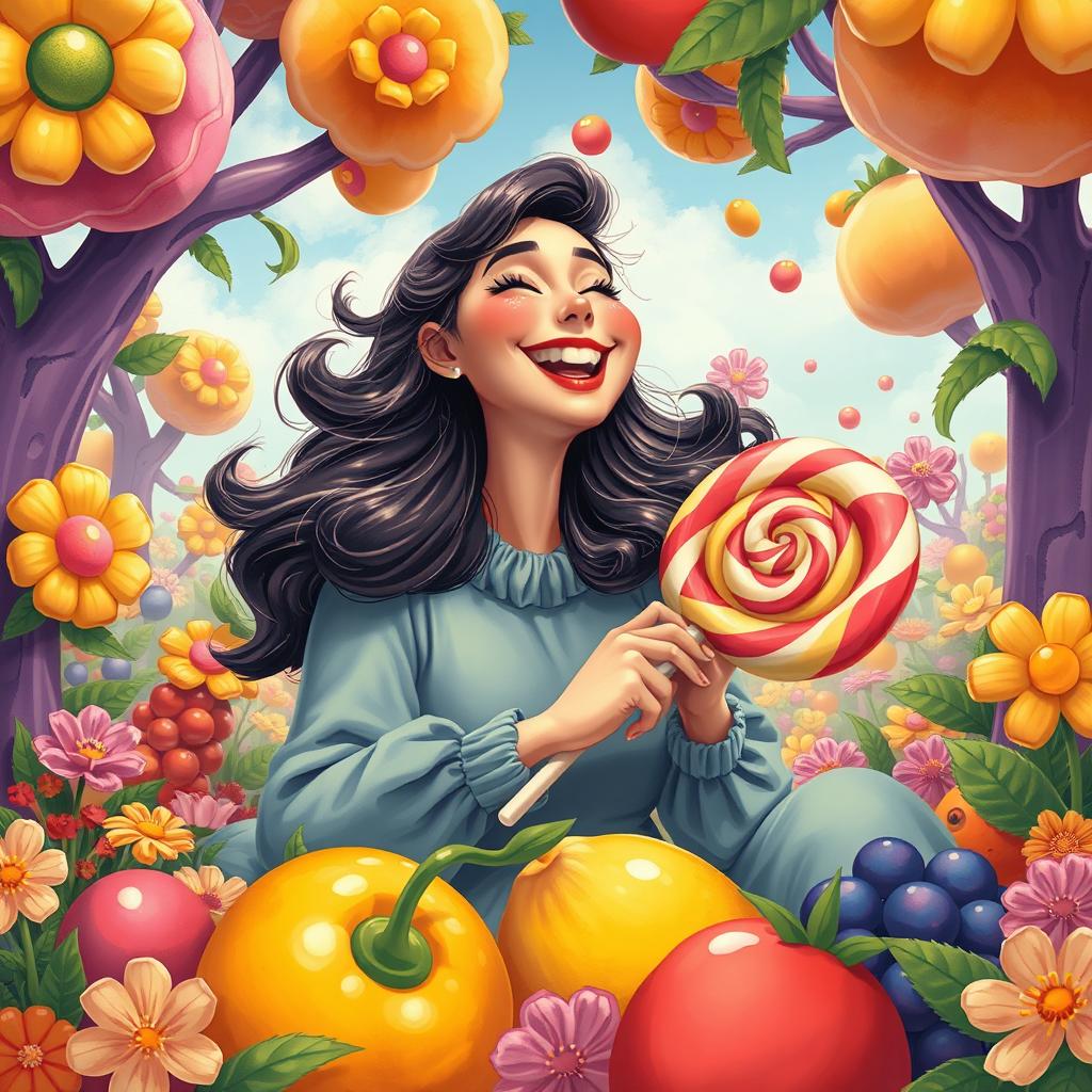 A surreal illustration of a whimsical, oversized woman joyfully surrounded by giant fruits, delicately holding a giant lollipop, with vibrant colors and playful expressions
