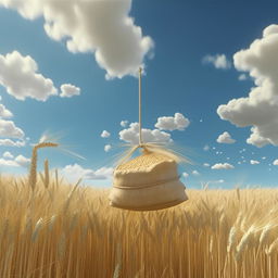 A golden wheat field under a clear blue sky filled with white fluffy clouds. A satchel of rice swings gently in the breeze. Rendered in animation style reminiscent of Hayao Miyazaki, 16K, high resolution.