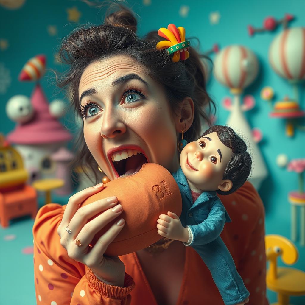 A surreal scene depicting a woman consuming an exaggeratedly large figure of a person, with half of the person playfully positioned in her mouth