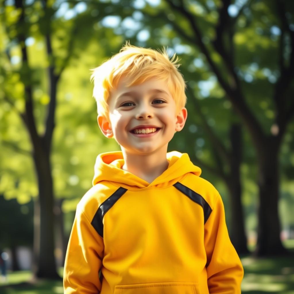 A young boy with bright yellow hair, wearing a vibrant yellow hoodie adorned with striking black accents on the shoulders and chest