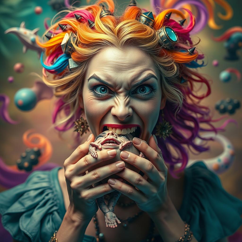 A fantastical scene featuring a woman with a fierce expression, playfully engaging in a surreal act where a half-figure of a humanoid is comically depicted as if being consumed, with the upper half nestled in her mouth