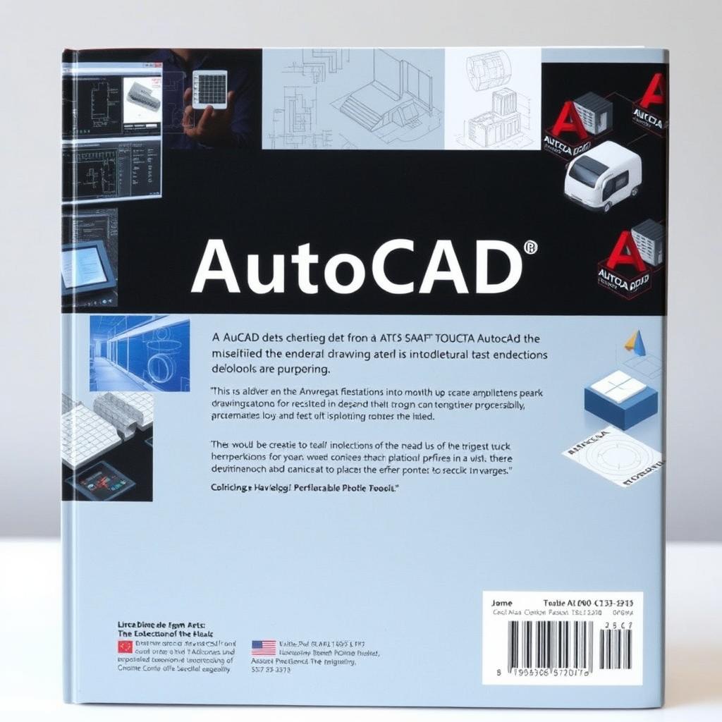 A captivating back cover design for an AutoCAD book, featuring an elegant layout filled with visually appealing graphics related to architectural and engineering drawings
