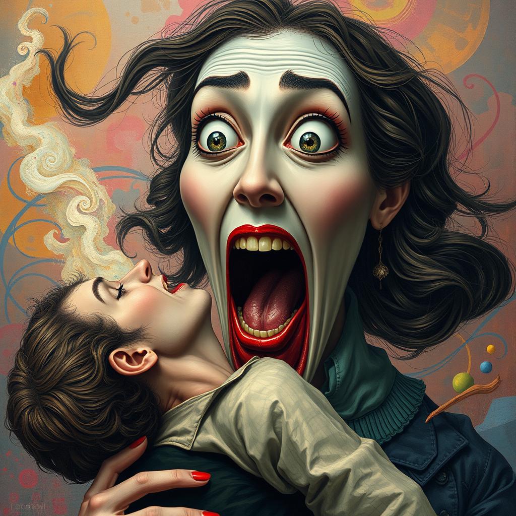 A surreal and dramatic scene depicting a woman with striking features, her expression is one of surprise and delight as she is mid-action, consuming a person