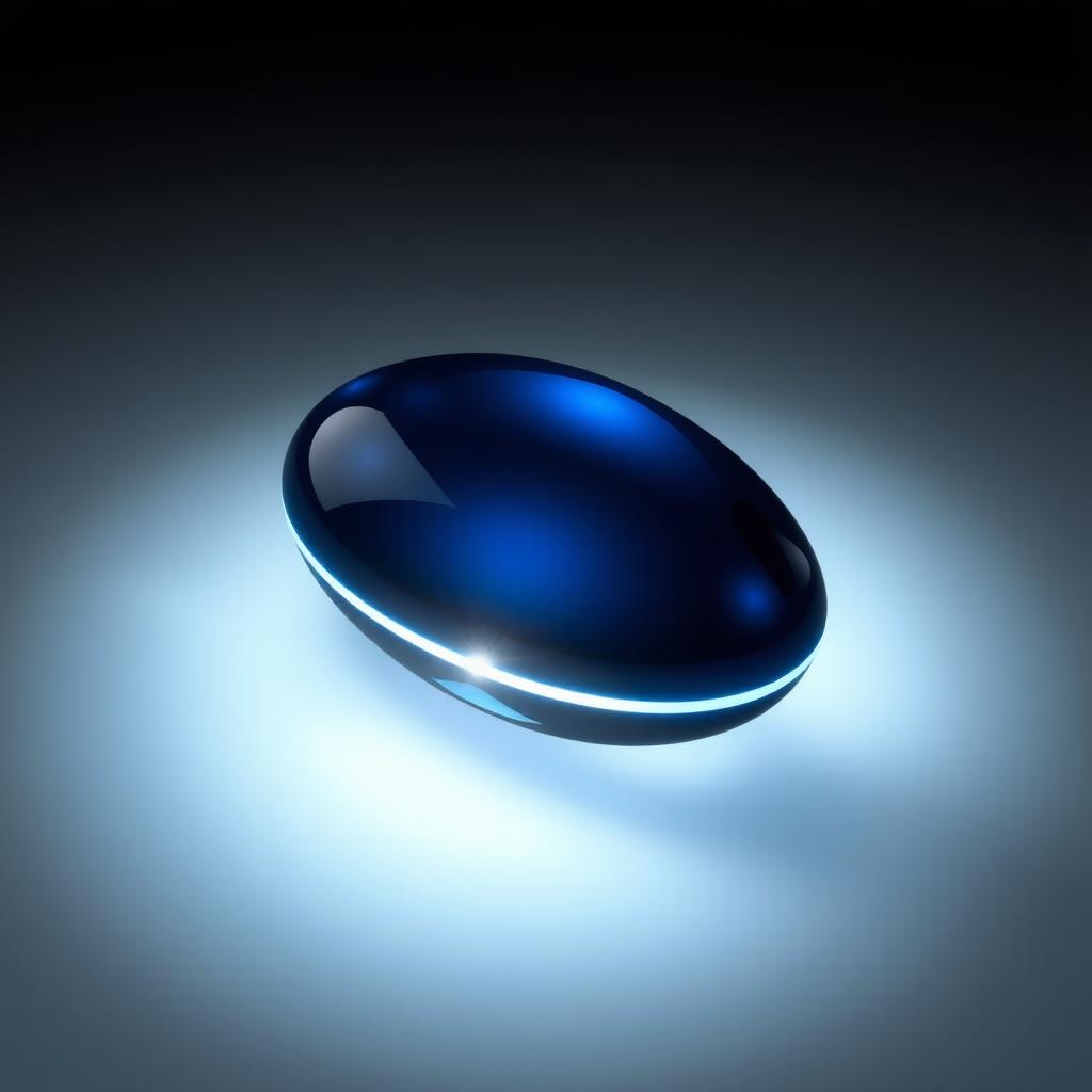 A stunning image depicting a beautifully almond-shaped object glowing with a gorgeous navy blue shine, set against a striking black background that emphasizes its shape and color