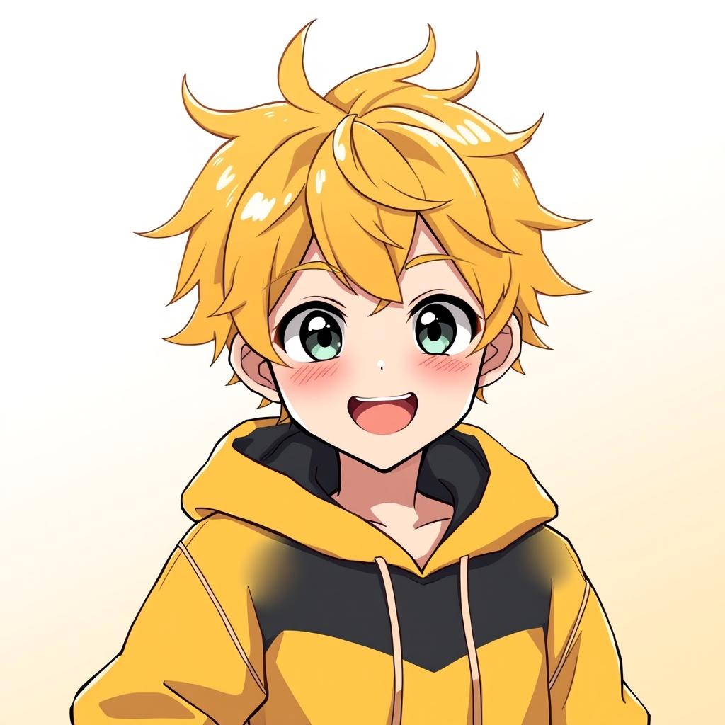 An anime-style illustration of a boy with bright yellow hair, wearing a stylish yellow hoodie that has black accents on the top portion