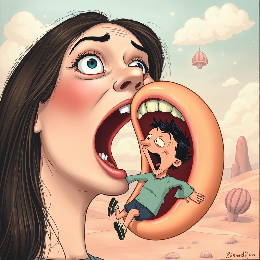 A surreal scene depicting a woman with an exaggeratedly large mouth, vividly swallowing a person with half of their body already inside her throat