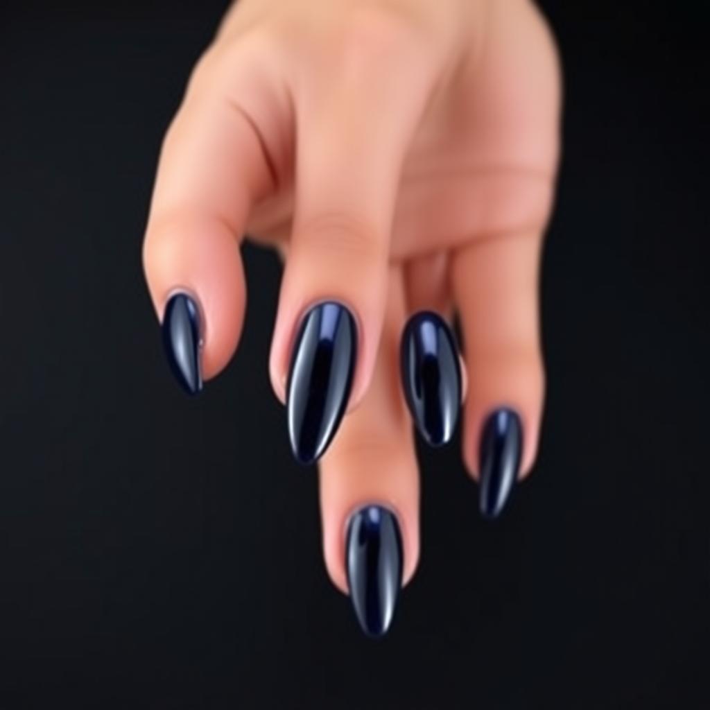 A stunning beauty shot of an almond-shaped nail design, featuring smooth edges and a striking black background