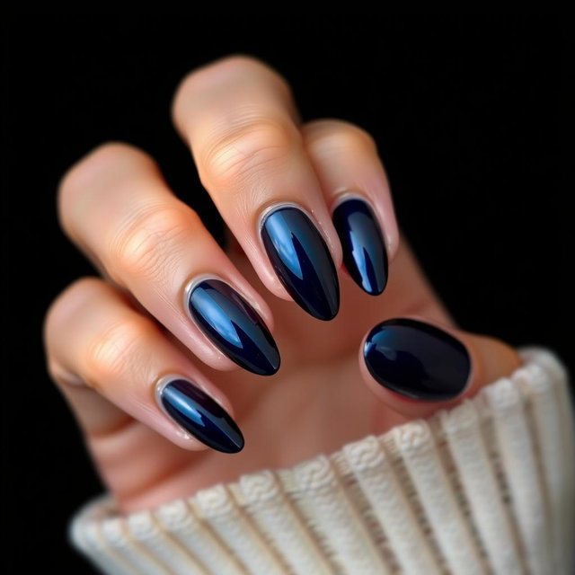 A stunning beauty shot of an almond-shaped nail design, featuring smooth edges and a striking black background