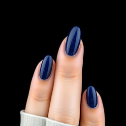 A captivating beauty shot of an almond-shaped nail design featuring meticulously defined edges and set against a striking sky black background