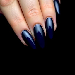 A captivating beauty shot of an almond-shaped nail design featuring meticulously defined edges and set against a striking sky black background