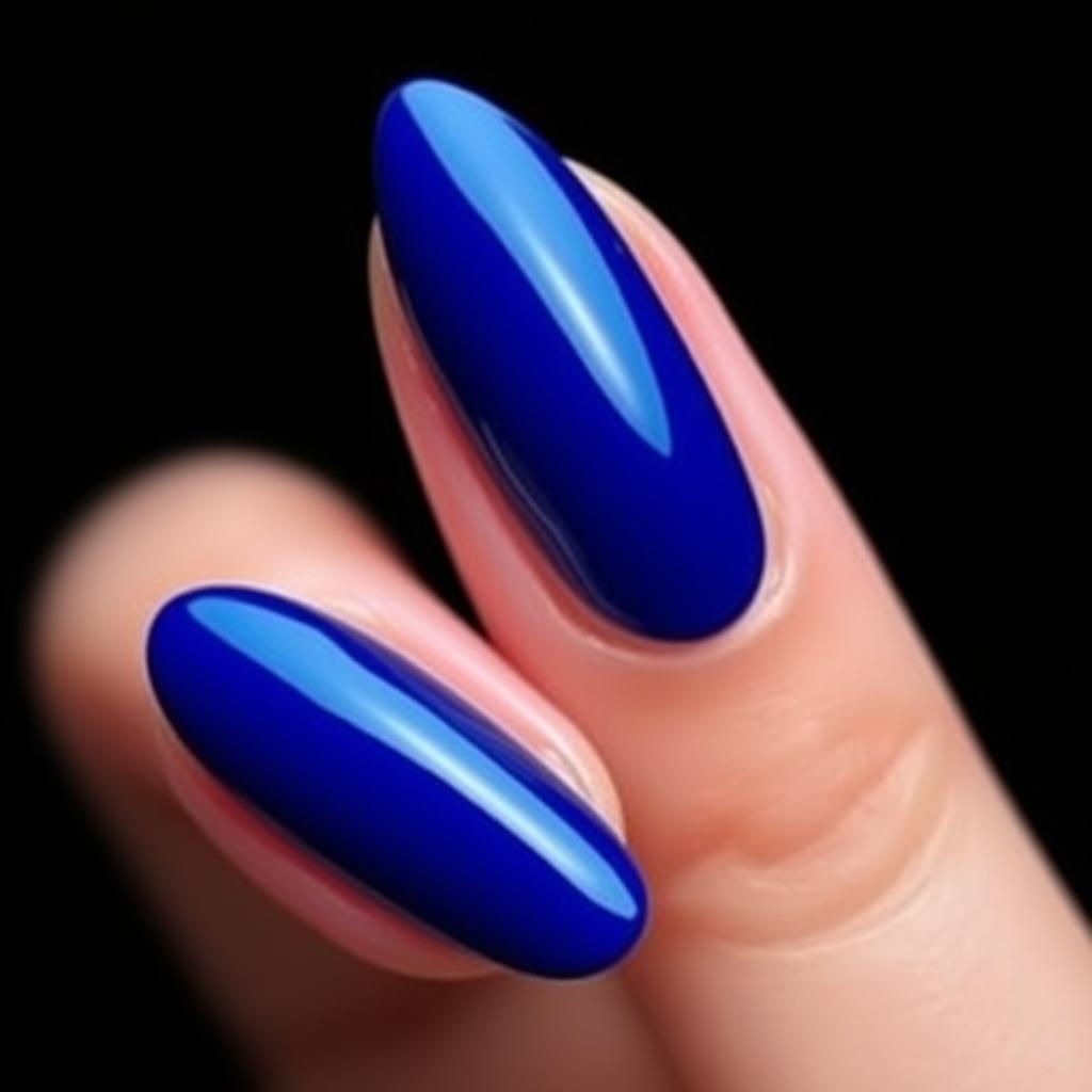 A captivating beauty shot of an almond-shaped nail design featuring meticulously defined edges and set against a striking sky black background