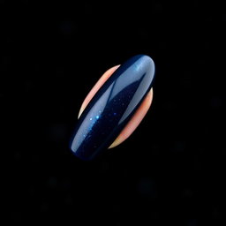 A mesmerizing image of an almond-shaped nail design with precise edges, set against a backdrop that mimics the depth of outer space