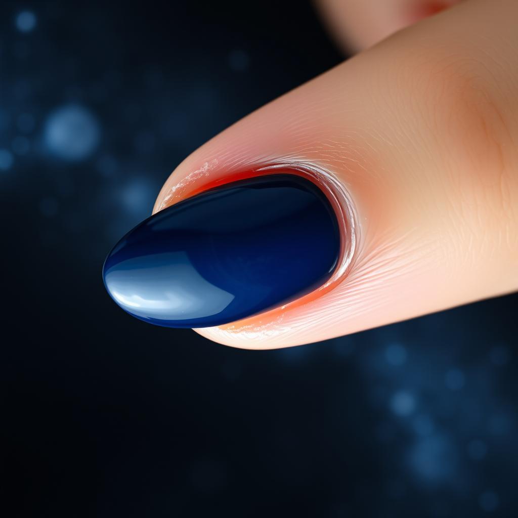 A mesmerizing image of an almond-shaped nail design with precise edges, set against a backdrop that mimics the depth of outer space