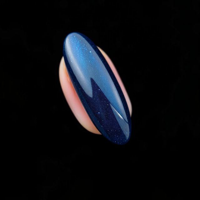 A mesmerizing image of an almond-shaped nail design with precise edges, set against a backdrop that mimics the depth of outer space