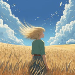 A blonde girl's hair blowing in the wind, standing in a golden wheat field under the vast blue sky sprinkled with fluffy white clouds. Recreate this in Miyazaki Hayao's art style at 16k resolution.