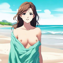 A high-quality digital art image presents an 18-year-old anime-style girl with brown hair, wrapped in a wet towel, situated on a sandy beach