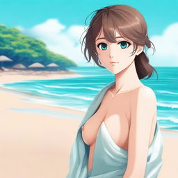 A high-quality digital art image presents an 18-year-old anime-style girl with brown hair, wrapped in a wet towel, situated on a sandy beach