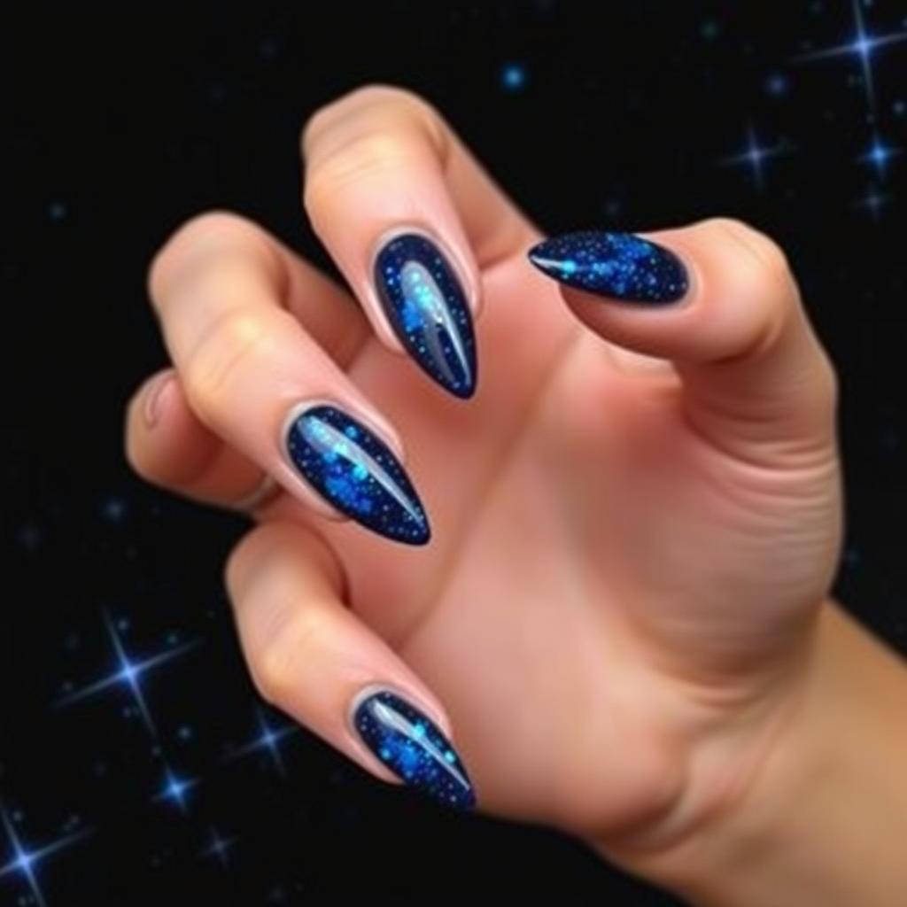 A beautiful set of almond-shaped nails, designed with sharp edges, showcased against a deep black background