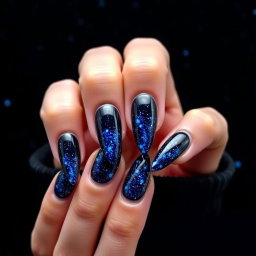 A beautiful set of almond-shaped nails, designed with sharp edges, showcased against a deep black background