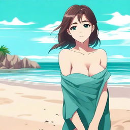 A high-quality digital art image presents an 18-year-old anime-style girl with brown hair, wrapped in a wet towel, situated on a sandy beach