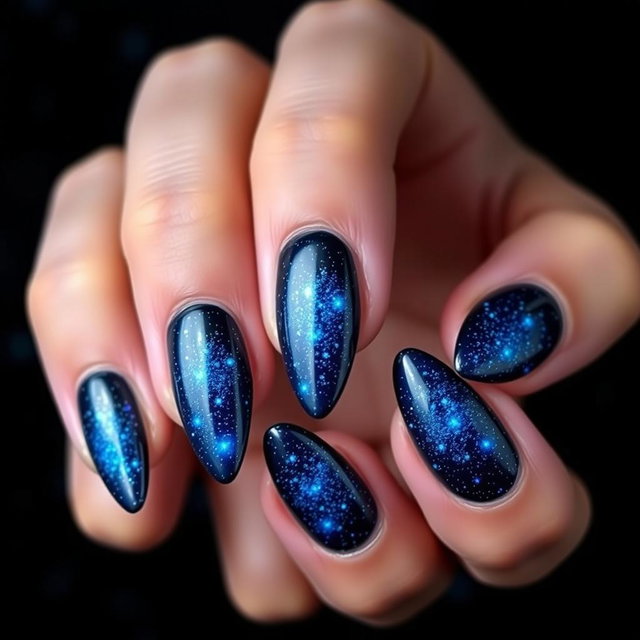A beautiful set of almond-shaped nails, designed with sharp edges, showcased against a deep black background