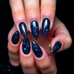 A beautiful set of almond-shaped nails, designed with sharp edges, showcased against a deep black background